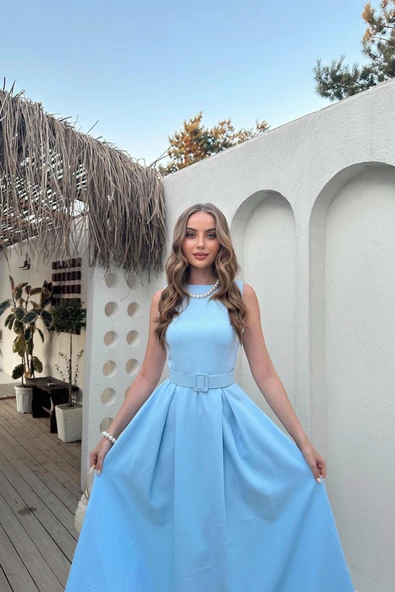 Bebe Mavi Halter Yaka Kloş Elbise - Resim 2