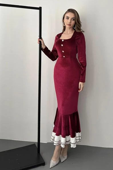 Bordo Kare Yaka Eteği Volanlı Kadife Elbise ürün görseli 1