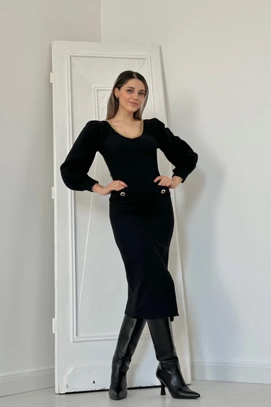 Siyah Geniş Boğazlı Elbise - Resim 3