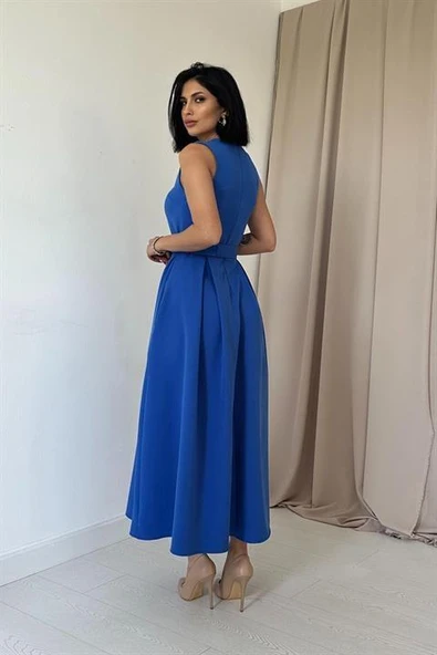 Saks Halter Yaka Kloş Elbise - Resim 4