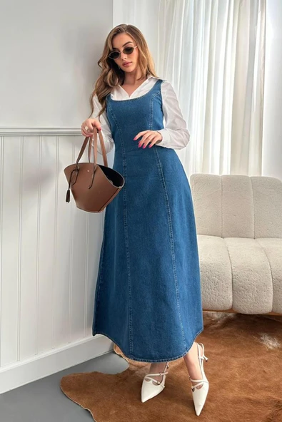 Mavi Fermuar Detaylı Askılı Denim - Resim 2