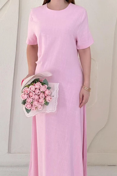 Pembe Pileli Bisiklet Yaka Elbise - Resim 3