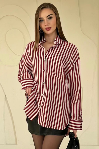 Bordo Çizgili Oversize Gömlek ürün görseli 1