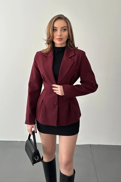 Bordo İki Düğmeli Pileli Ceket - Resim 3