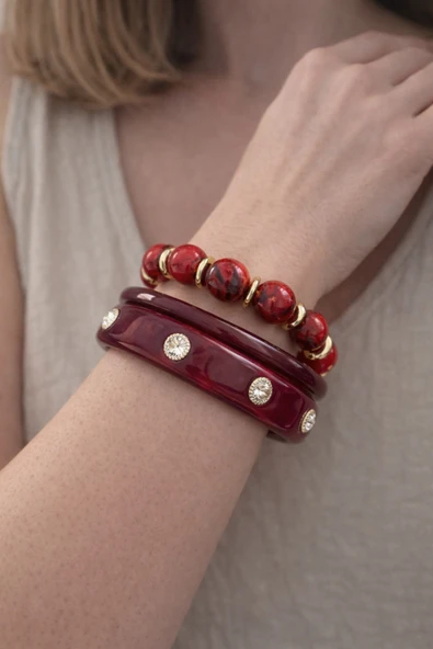 Hector&Co. Jewellery Kırmızı Bordo Kehribar Görünümlü Taş Detaylı Üçlü Kadın Bileklik Seti ürün görseli 1