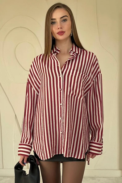 Bordo Çizgili Oversize Gömlek - Resim 4