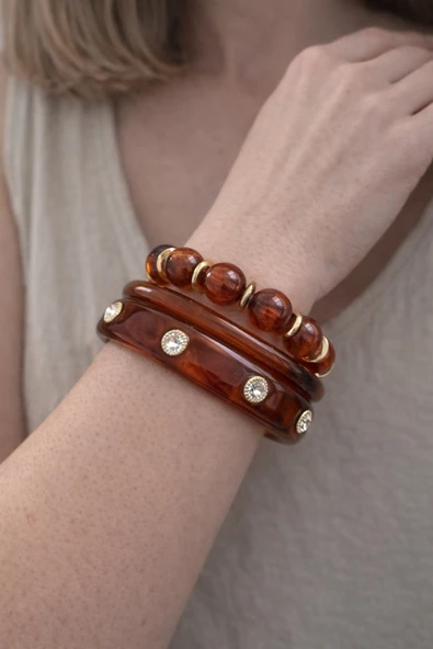 Hector&Co. Jewellery Amber Tonlu Kehribar Görünümlü Taş Detaylı Gold Aksanlı Üçlü Kadın Bileklik Seti ürün görseli 1