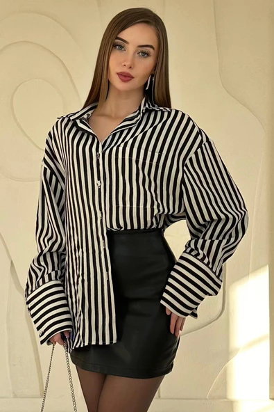 Siyah Çizgili Oversize Gömlek - Resim 4