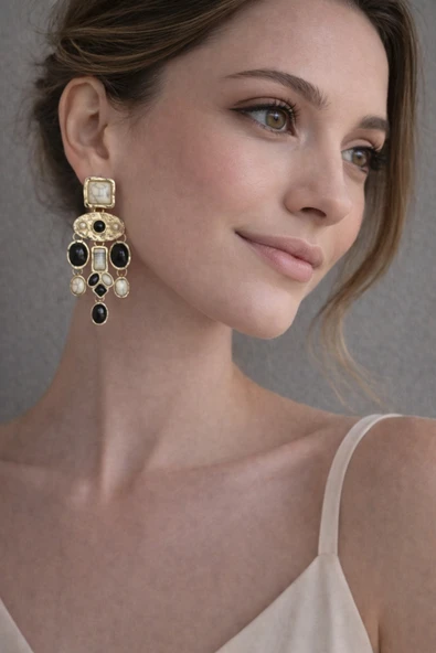 Hector&Co. Jewellery Doğal Taş Detaylı Gold Sallantılı Kadın Vintage Küpe | Siyah & Beyaz ürün görseli 1