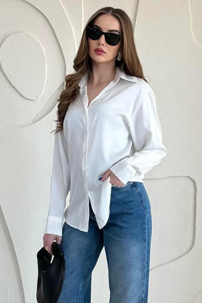 Beyaz Saten Gömlek - Resim 3