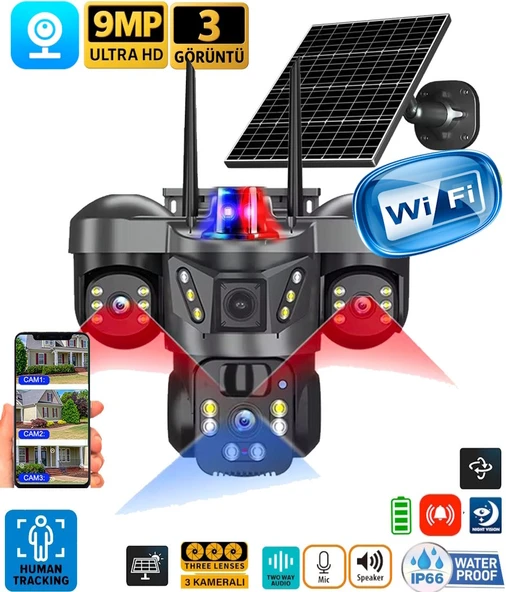 V380 Pro ON-SW2366 Wifi 9MP Üç Kameralı UltraHD Güneş Enerjili Akıllı Güvenlik Kamerası ürün görseli 1