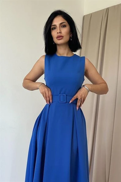 Saks Halter Yaka Kloş Elbise - Resim 2
