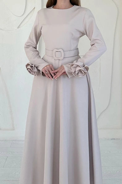 Bej Kolları Güllü A-Line Elbise - Resim 2