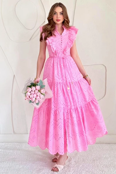 Pembe Fırfırlı Düğmeli Elbise ürün görseli 1