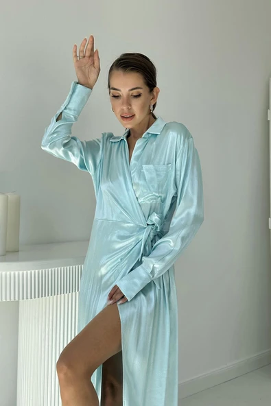 Bebe Mavi Kuşaklı Gömlek Elbise - Resim 5