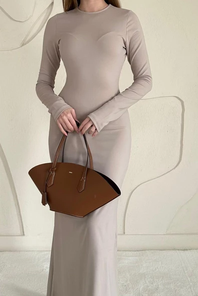 Bej Basic Kadın Midi Elbise - Resim 2