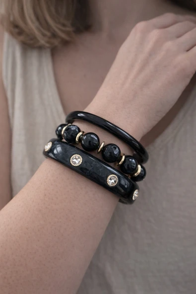 Hector&Co. Jewellery Siyah Kehribar Görünümlü Taş Detaylı Gold Aksanlı Üçlü Kadın Bileklik Seti ürün görseli 1