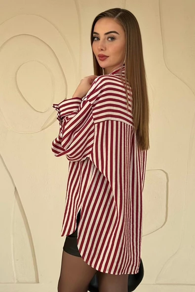 Bordo Çizgili Oversize Gömlek - Resim 3