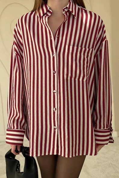Bordo Çizgili Oversize Gömlek - Resim 2
