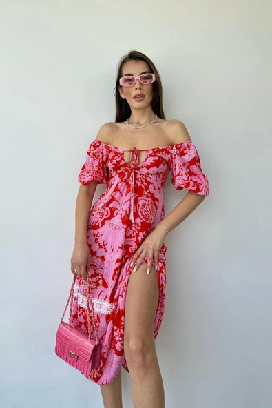 Pembe Göğüsten Bağlamalı Elbise - Resim 3