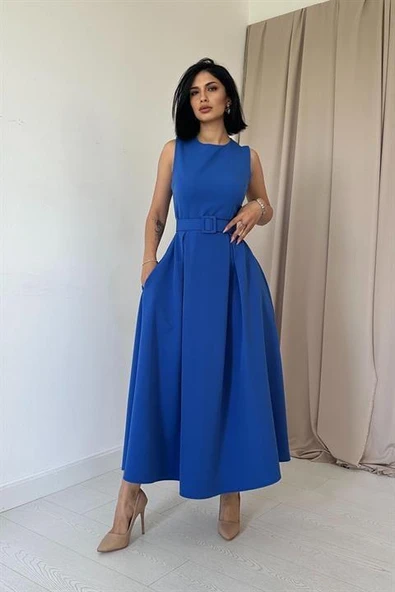 Saks Halter Yaka Kloş Elbise ürün görseli 1