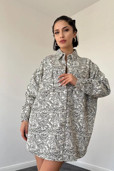 Siyah Desenli Çıtçıtlı Gömlek - Resim 2