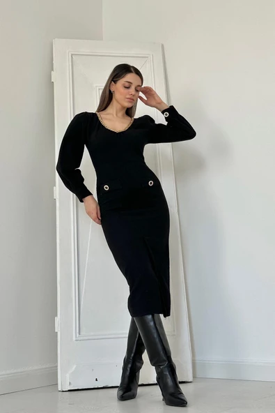 Siyah Geniş Boğazlı Elbise - Resim 2