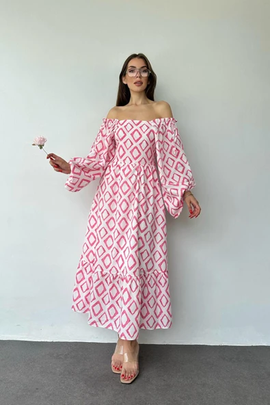Pembe Kare Yaka Diamond Desenli Elbise - Resim 4