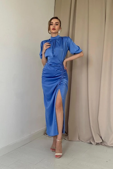 Mavi Büzgülü Saten Elbise ürün görseli 1