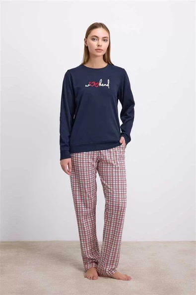 %100 Pamuklu Uzun Kol Sweatshirt ve Ekose Pantolon Pijama Takımı ürün görseli 1