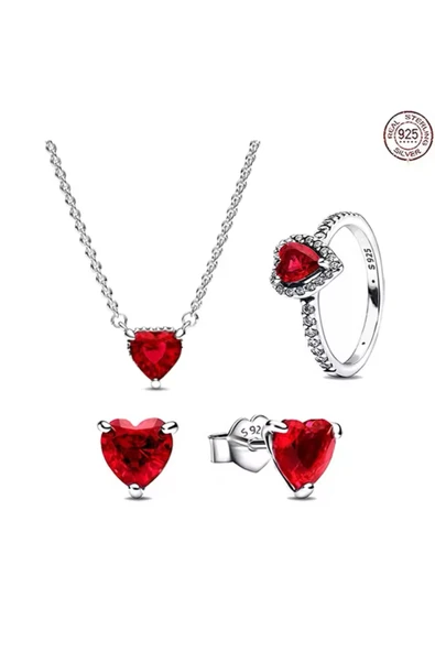 Hector&Co. Jewellery Gümüş Kırmızı Taşlı Kolye,Küpe ve Yüzük Seti ürün görseli 1