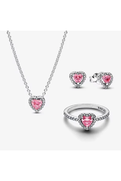 Hector&Co. Jewellery Gümüş Pembe Kalp Taşlı Kolye,Küpe,Yüzük Seti ürün görseli 1