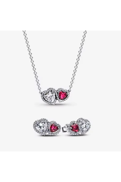 Hector&Co. Jewellery Gümüş Hale Kalpler Kırmızı Beyaz Taş Kolye ve Çivi Küpeler Seti ürün görseli 1
