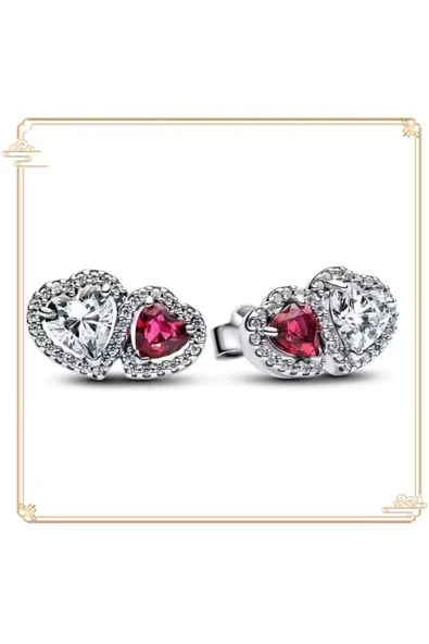 Hector&Co. Jewellery Gümüş Hale Kalpler Kırmızı Beyaz Çivi Küpeler ürün görseli 1