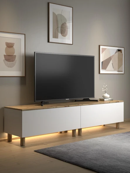 Nora Bohem  Ledli Tv Ünitesi 200 Cm 2 Kapaklı Dolaplı Atlantik Çam / Beyaz ürün görseli 1