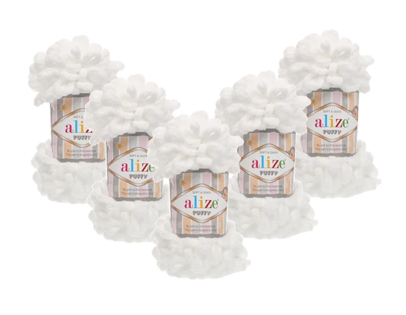 Puffy El Örgü Ipliği 5'li Paket - 55 Beyaz - 100 Gr. 9 Mt. Parmak Örgü Ipi- Battaniye ve Bebek Örgülerine Uygun ürün görseli 1