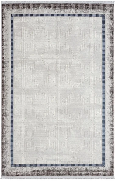 Dark Dk012m Gri Halı Lacivert Kenar Çerçeveli Geometrik Detaylı Akrilik Tozuaz Modern Salon Halısı 100 X 200 A.GRI-MAVI ürün görseli 1