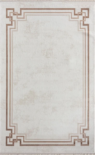 Dark Dk007a Beyaz Halı Bej Detaylı Kahverengi Kenar Çerçeveli Akrilik Tozuaz Modern Salon Halısı 240 X 340 BEJ ürün görseli 1
