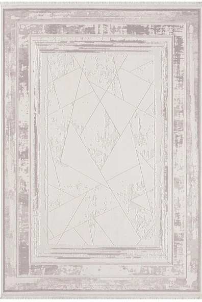 Truva Tv013a Bej Halı Geometrik Desen Kenar Çerçeveli Kalın Akrilik Tozuaz Modern Salon Halısı 100 X 300 KREM-VIZON ürün görseli 1