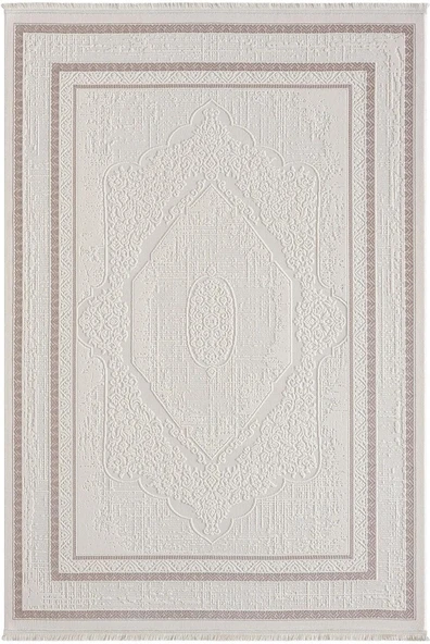 Truva Tv014a Bej Halı Kenar Çerçeveli Göbekli Desen Kalın Akrilik Tozuaz Modern Salon Halısı 80 X 150 KREM-VIZON ürün görseli 1