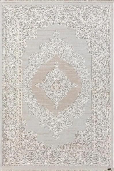 Truva 8342 Krem Halı Bej Detaylı Kalın Akrilik Tozuaz Modern Klasik Salon Halısı Koridor 80 X 150 KREM ürün görseli 1