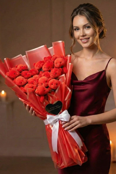 Sevgililer Günü’ne Özel: Deluxe 65 cm Dev 19 Ayılı Peluş Ayıcık Buketi – Kırmızı ürün görseli 1