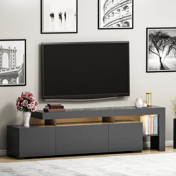 Beliz Modern LED Işıklı 3 Kapaklı, Raflı TV Sehpası – 192 cm  Antrasit ürün görseli 1