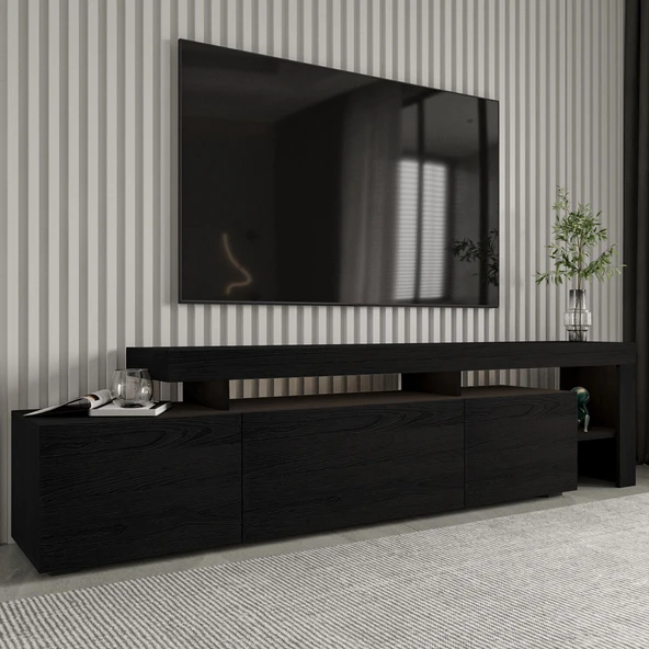Beliz Modern LED Işıklı 3 Kapaklı, Raflı TV Sehpası – 192 cm  Ahşap Siyah ürün görseli 1