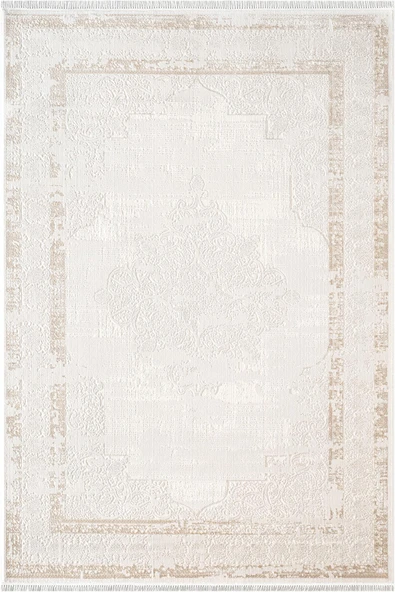 Etro ET001W Krem Klasik Modern Çerçeveli Göbekli Desen Parlak Ağır Salon Halısı İpek Serisi 100 X 300 KREM ürün görseli 1