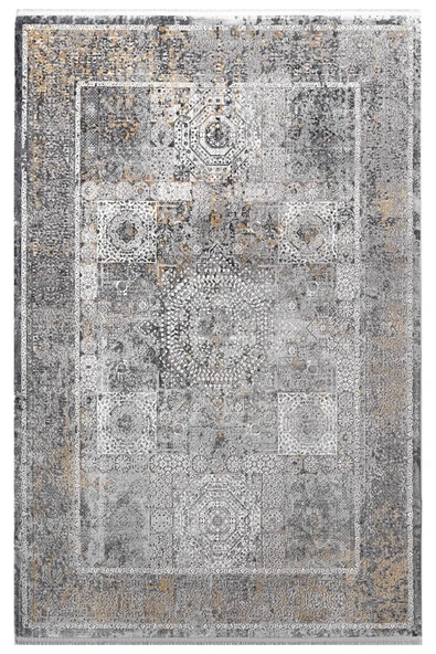 Vogue?VG007Z Koyu Gri Çerçeveli Klasik Desen Modern Renk 100?Tarak Viskon Salon Halısı İpek Serisi 240 X 340 GRI ürün görseli 1