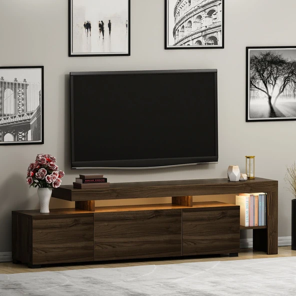 Beliz Modern LED Işıklı 3 Kapaklı, Raflı TV Sehpası – 192 cm  Ceviz ürün görseli 1
