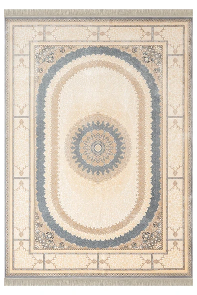 Imperial Luxe IL002M Krem Gri Çerçeveli Göbekli Halı Klasik Desen 100 Tarak Bambu Viskon İpek Serisi 200 X 290 KREM ürün görseli 1