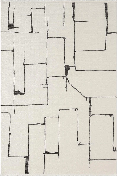 Look Black LB004W Krem Halı Siyah Dekoratif Çizgili Modern Desen Akrilik Yumuşak Tozuaz Salon Halısı 120 X 180 KREM ürün görseli 1