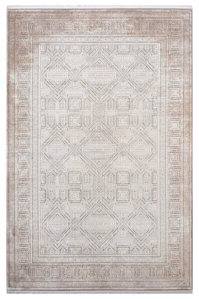 Vogue?VG009A Bej Gri Çerçeveli Geometrik Desen Modern Renk 100?Tarak Salon Halısı İpek Serisi 100 X 200 BEJ ürün görseli 1